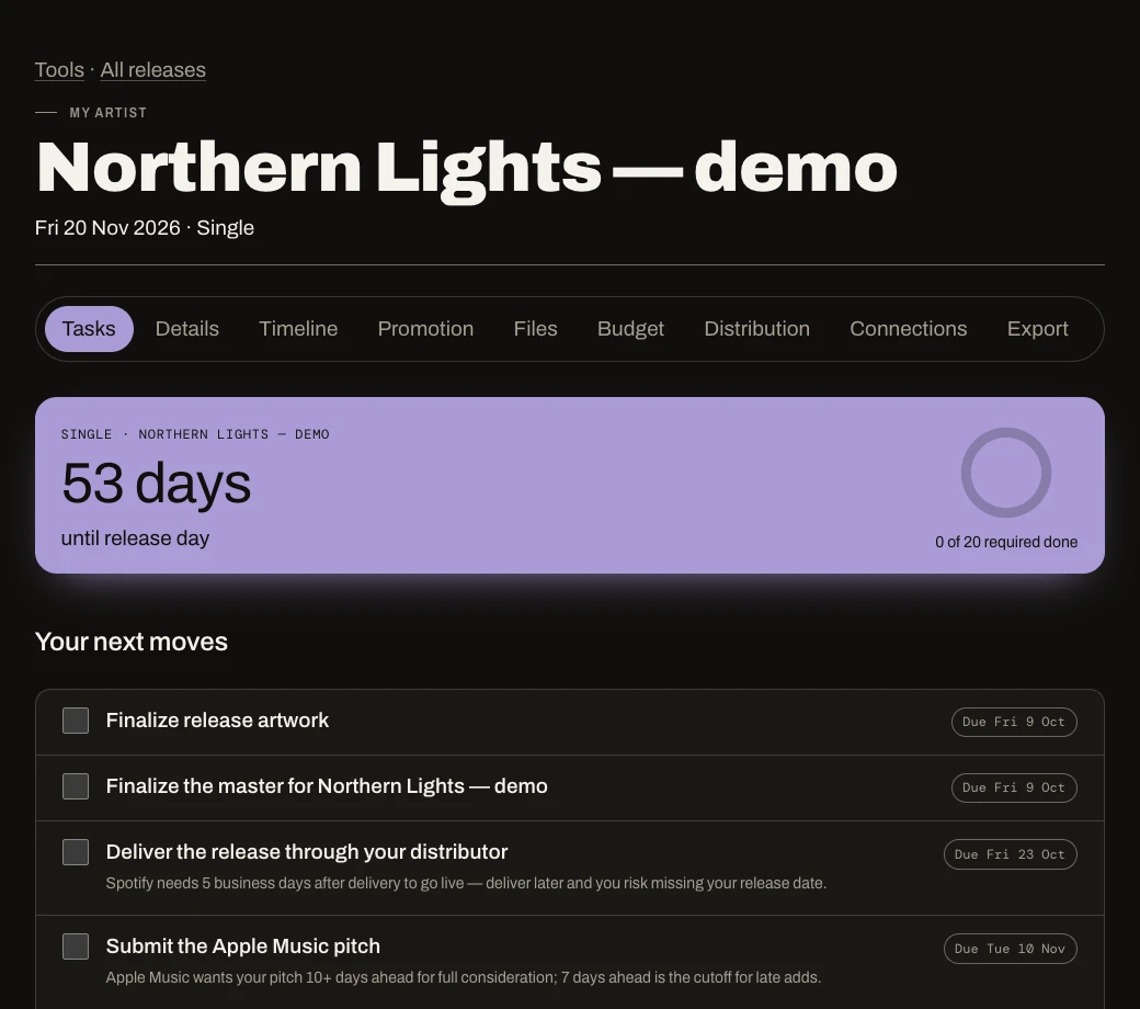 A demo release workspace with its countdown and preparation checklist